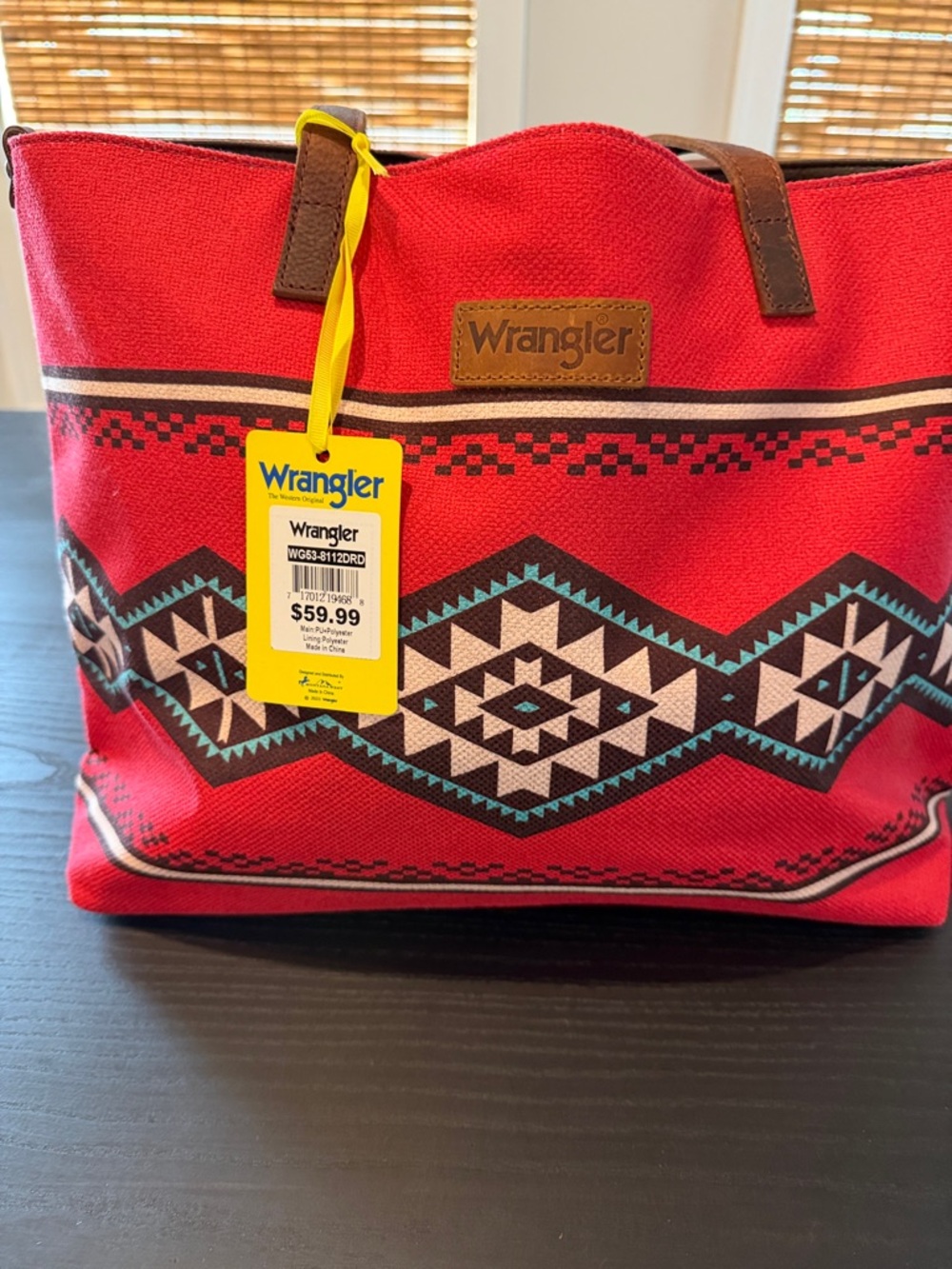 Wrangler Red Aztec Canvas Tote with Brown Handles